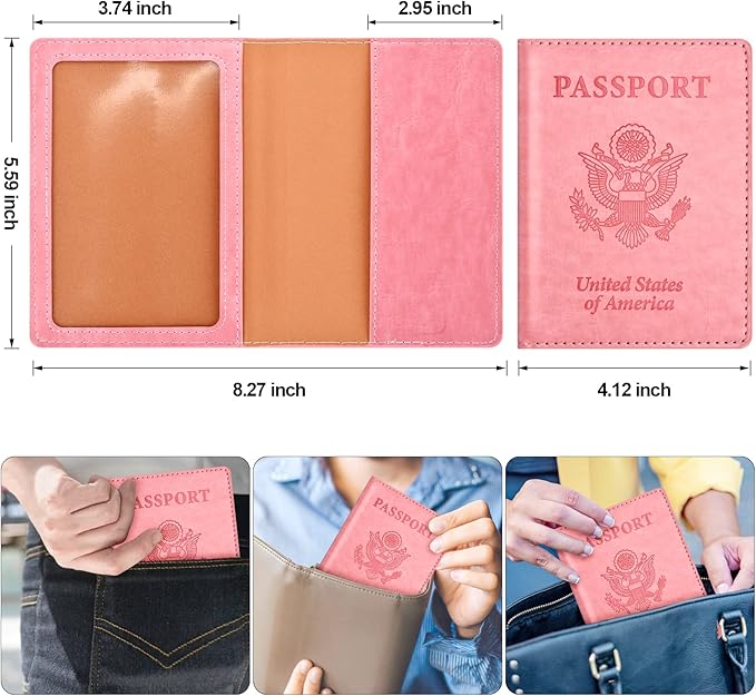 Eoehro Passport and Vaccine Card Holder, Faux Leather, AI-pink, Compact, Lightweight, Waterproof