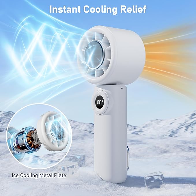 CIVPOWER Handheld Fan: Portable Small Ice Cooling Plate- 4000mAh Rechargeable 100 Gear High-Speed Turbo 10500 RPM - Personal Foldable Battery Operated for Travel Indoor Outdoor Women Men (White)