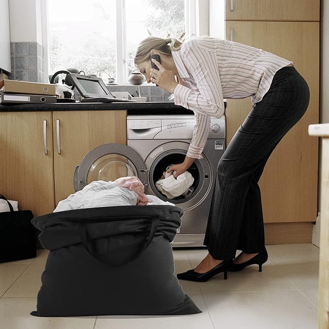 Cotton Canvas Laundry Bag with Handles & Drawstring Straps, Heavy Duty Extra Large Laundry Bags for Laundromat and Household, 25.5x34 Inch, Black