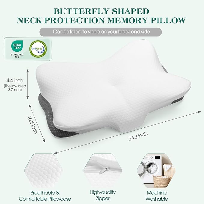 Cervical Pillow for Neck and Shoulder Support - Ergonomic Memory Foam Orthopedic Cervical Pillows with Removable Cover & Adjustable Heights for Side Back Stomach Sleepers (White)