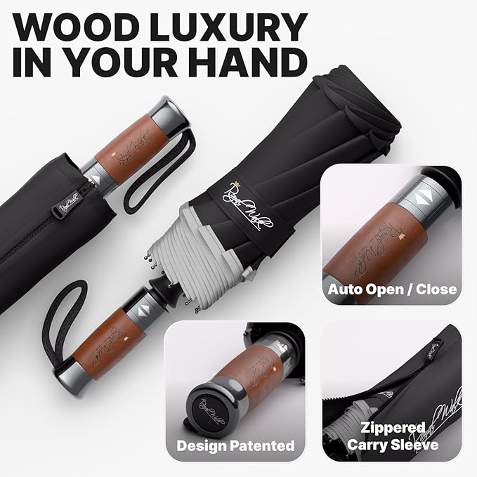 Royal Walk Windproof Folding Travel Umbrella Compact and Strong Luxurious Real Wood Handle Automatic Open Close Vented Double Canopy for Men and Women