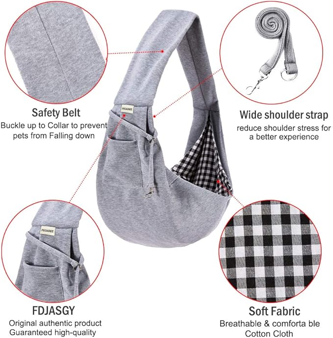 FDJASGY Small Pet Sling Carrier-Hands Free Reversible Pet Papoose Bag Tote Bag with a Pocket Safety Belt Dog Cat for Outdoor Travel Charcoal Gray