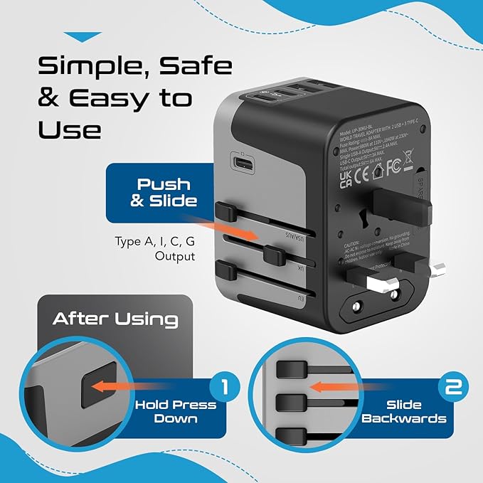 Universal Travel Power Adapter, Ceptics 6 in 1 Worldwide International Wall Charger with 2X USB-A - 3X USB-C 6A, Travel Power Adapter for for USA EU UK AUS Mobiles Laptops Cameras, UP-30KU-BL