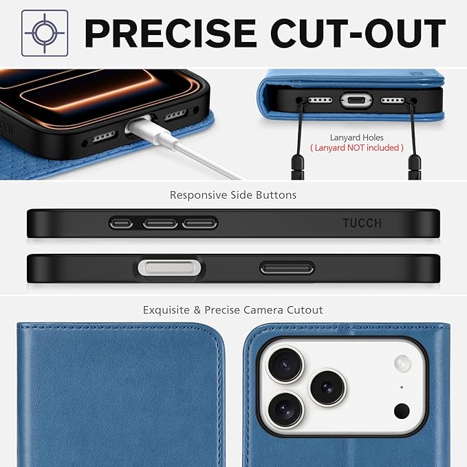TUCCH Wallet Case for iPhone 17 Pro Max (6.9-Inch) 2025, 3 Credit Card Slot | RFID Blocking | Stand | PU Leather | Shockproof TPU Interior Shell | Protective Flip Folio Cover | Lake Blue