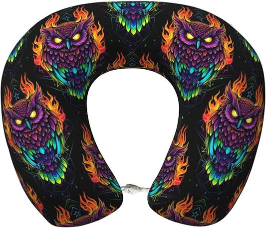 Travel Neck Pillow for Pain Relief Sleeping, Abstract Owl Fire Art, Comfortable Memory Foam Chin Head Cushion Support with Zip Cover, Fashion Car Flight Pillows