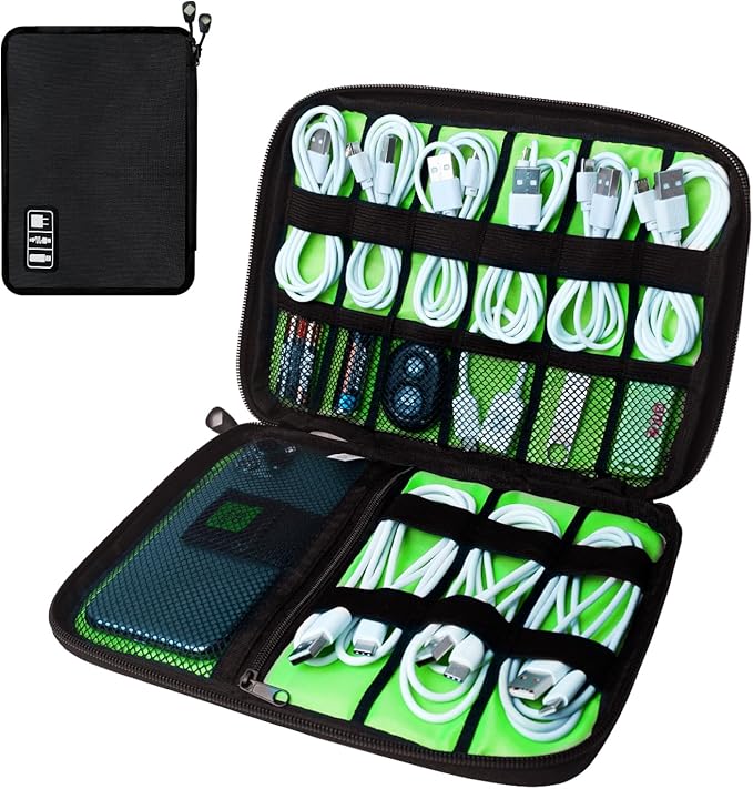 Electronics Travel Organizer,Portable Waterproof Electronic Travel Storage Bag for Small Charging Cord Storage,Charger,SD Card etc,for Travel,Business -Black Green