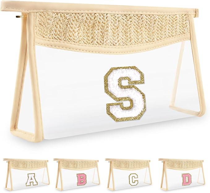 Personalized Initial Letter Bag Boho Straw Clear Makeup Bag,Small Cute Chenille Varsity Letter Bag With Zipper,Beach Travel Toiletry Bag,Portable Monogrammed Cosmetic Bag for Women Girls,S