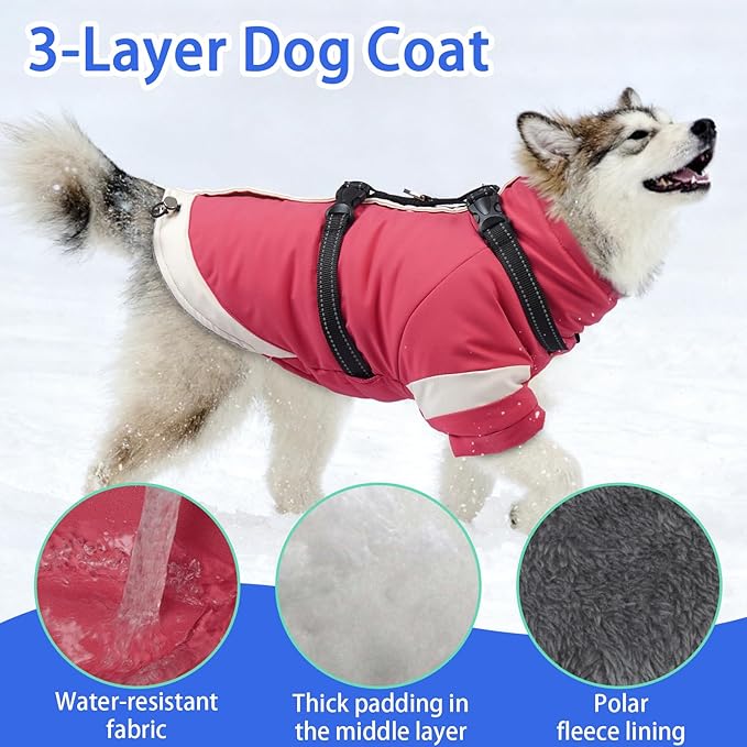 MIGOHI Reflective Dog Winter Coat,Warm Dog Jacket with Harness,Fleece Jacket for Large Dogs,Waterproof Pet Puffer Jacket Snowsuit,Windproof Pet Clothes for Cold Weather,Australian Shepherd,XL,Pink