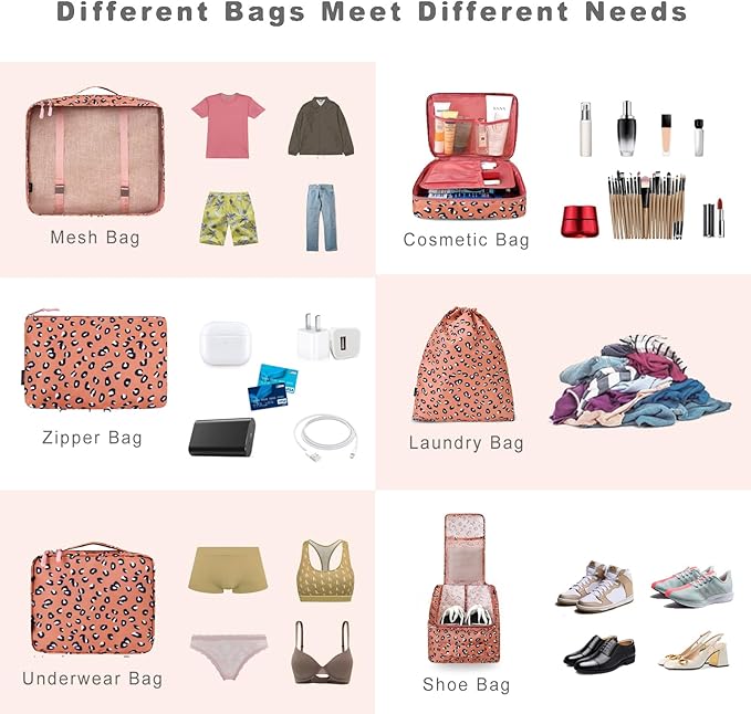 BAGAIL 8 Set Packing Cubes Luggage Packing Organizers for Travel Accessories-Pink Leopard