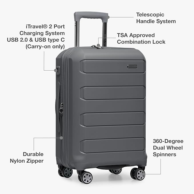 Traveler's Choice Pagosa Indestructible Hardshell Expandable Spinner Luggage, Gray, 22-Inch Carry-on