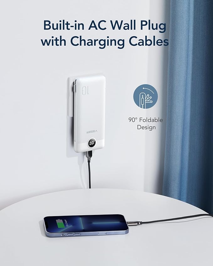 VEGER Portable Charger with Built-in AC Plug and Cables, All in One 10000mAh Ultra Slim Power Bank Travel Essentials, 15W Fast Charging Battery Pack Compatible with iPhone, Samsung, Android (White)