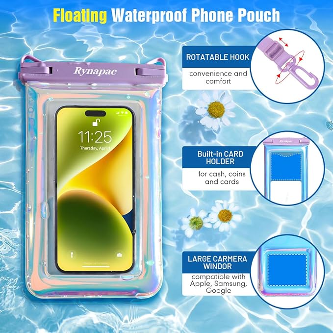 Waterproof Phone Pouch Floating for Beach Essentials, IPX8 Underwater Cell Phone Holder with Lanyard for iPhone 16 15 14 Pro Max, Galaxy S24/23/22 (Iridescent - [10 inch], Extra Large [10inch])