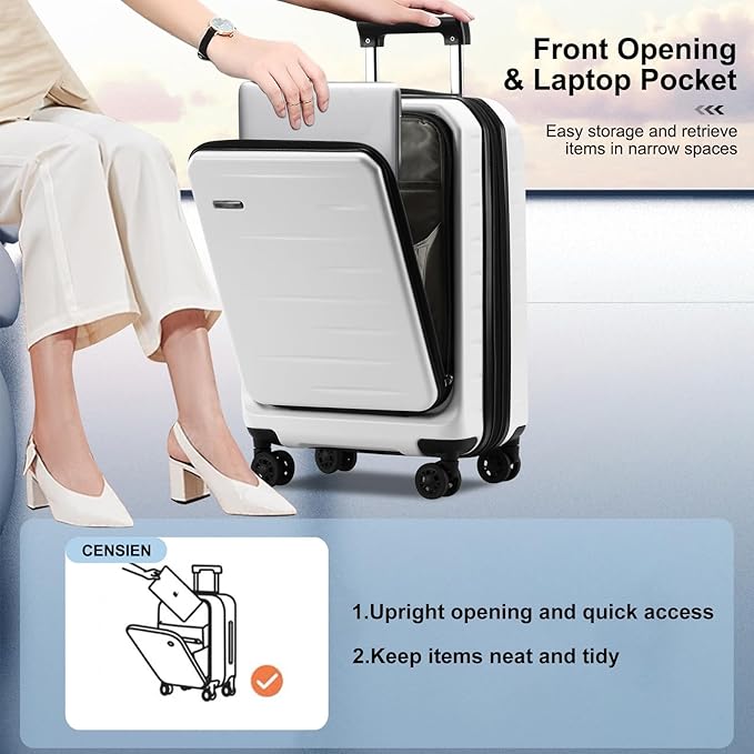 Expandable Carry On Luggage Airline Approved, 20 Inch Lightweight ABS+PC Hard Shell Suitcases with Front Pocket, Spinner Wheels, TSA Lock (White, 1PC)