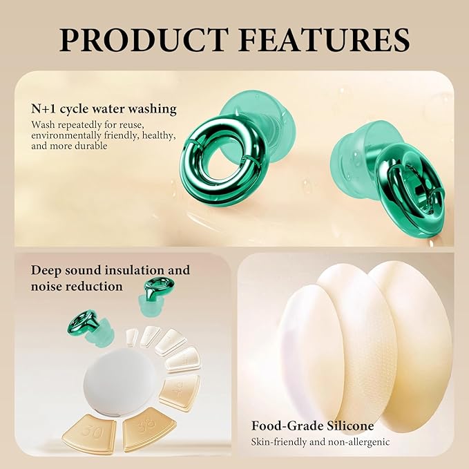 Noise Cancelling Ear Plugs 45dB – Reusable Silicone Earplugs for Sleeping, Snoring, Travel, Concerts & Work with 8 Eartips – Soft Comfortable Hearing Protection (Green, One Size)
