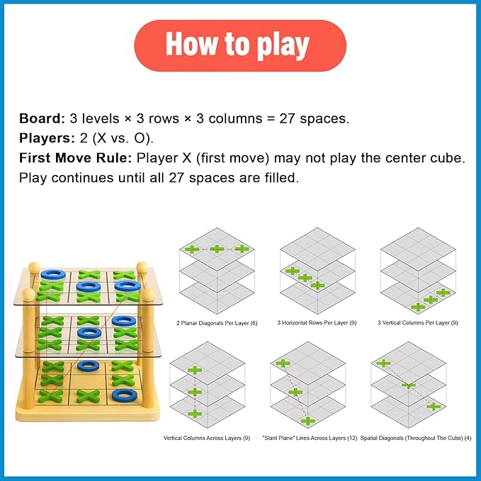 3D Ultimate Wooden Tic Tac Toe Board Game – Classic XO Strategy Game for Kids & Adults, Fun Family Table Games Night, Durable Wooden Tabletop Game