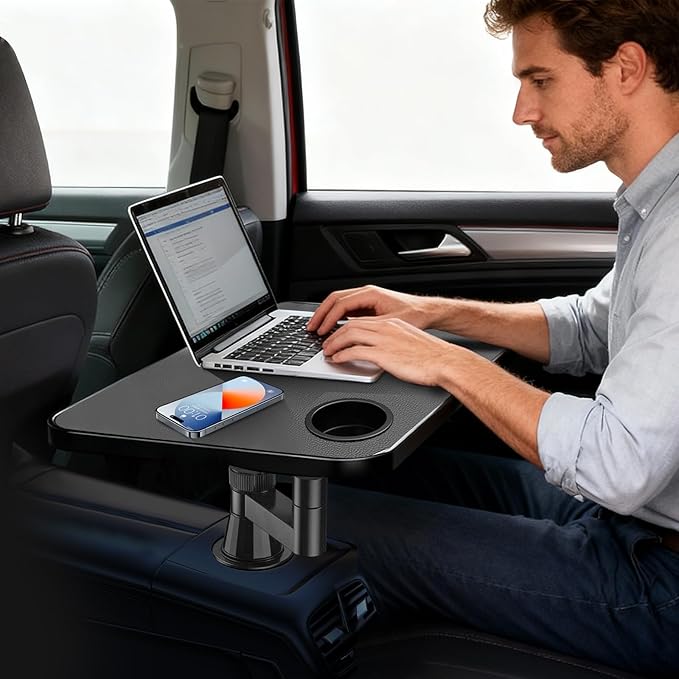 Car Tray& Car Desk for Laptop,Dual 360° Rotating,Anti Slip Leather Surface,Steering Wheel Tray,Car Accessories- Compatible with Tesila Model Y/3/S, Forrd F150/Explorer/Maverick/Most Vehicles(Black)