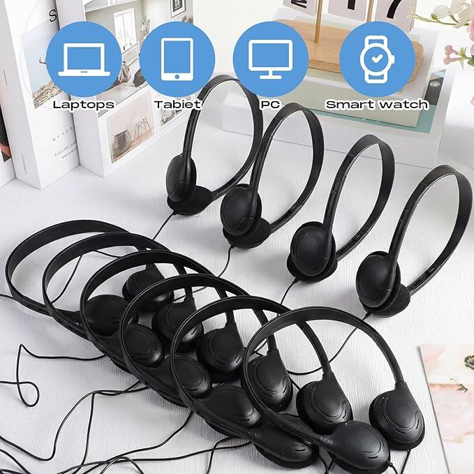 Yunsailing 30 Pack Bulk Over Ear Headphones Set On Ear Headsets Earphones with Adjustable Headband and 3.5mm Plug for Group Learning, Computer Lab, Library, Online Lesson (Black)