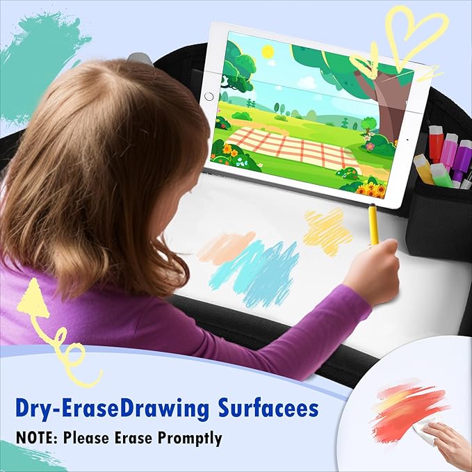 WENRENER Kids Travel Tray for Car Seat, Toddler Road Trip Essentials With Drawing Kit, Travel Activities Must Haves (Black)