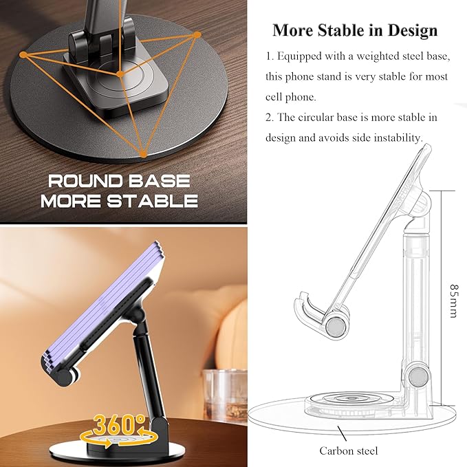 Rotatable Cell Phone Stand for Desk, Height Angle Adjustable Phone Holder Portable Phone Stand Compatible for Most Smartphones iPhone 14, Pro, Pro Max, 13 12 X XS