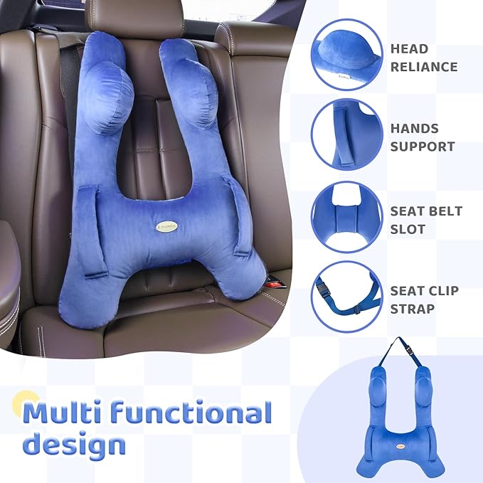 FLORICH Kids Travel Pillow, Car Sleeping Travel Pillow for Kids, Washable H-Shaped Pillow for Adults and Children to Support Head and Body for Road Trips Pillow for Car (Blue)