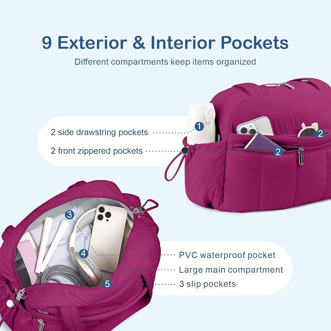 TOPDesign Travel Duffel Bag for Women, Puffer Gym Bag Sports Tote with Wet Pocket, Carry On Weekender with Luggage Sleeve (Dark Purple)