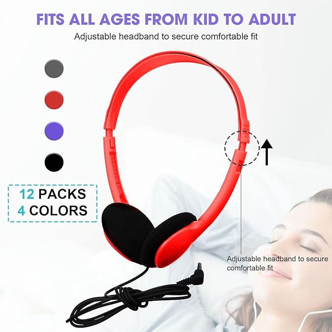 Konohan 12 Pack Headphones Bulk for School Student Classroom Set of Headphones Wire Headset Adjustable with 3.5 mm Jack for Adult (Red,Purple,Gray,Black)