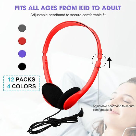 Konohan 12 Pack Headphones Bulk for School Student Classroom Set of Headphones Wire Headset Adjustable with 3.5 mm Jack for Adult (Red,Purple,Gray,Black)