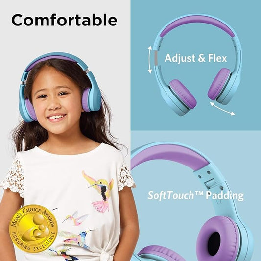 LilGadgets Connect+ Foldable Headphones, Adjustable Fit Soft Touch Padding for Kids with Mic, Volume-Limited & Noise Reduction On-Ear Wired Headset for School with SharePort - Blue/Purple, Ages 3-14