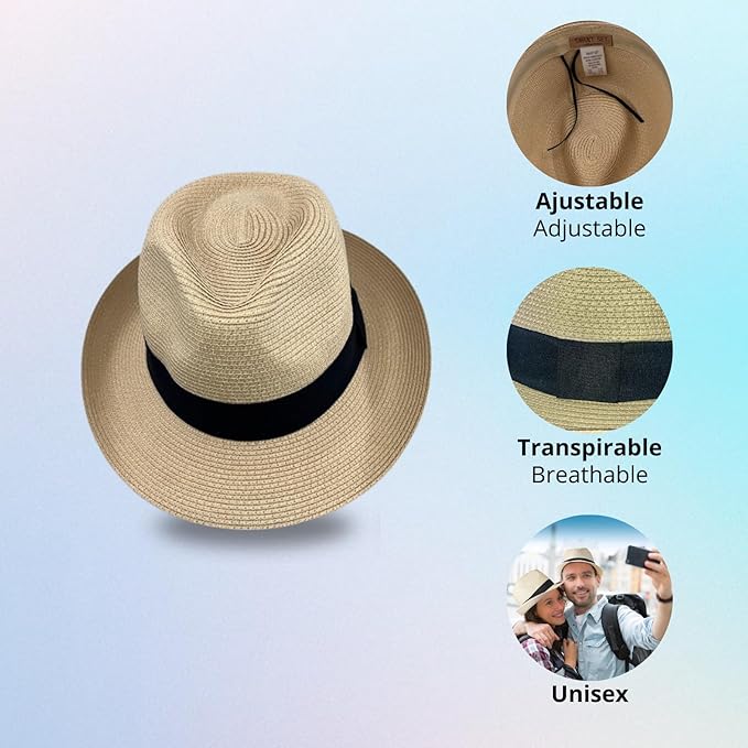 Unisex Panama Straw Hat Summer Foldable Beach Fedora UV Sun Protection for Women Outdoor Travel