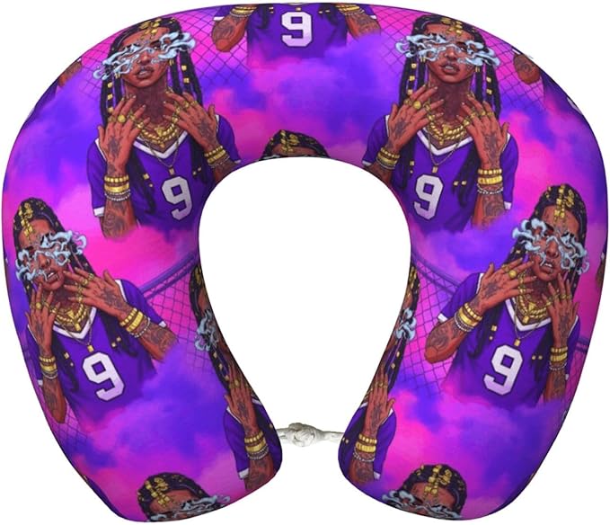Travel Neck Pillows for Sleeping Rest Car Airplanes African American Black Girl Gold Ring Art Purple, Memory Foam with Removable Breathable Zipper Cover Washable for Men Women