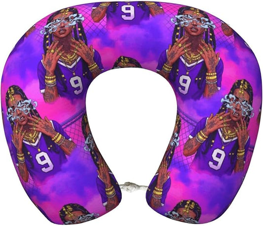 Travel Neck Pillows for Sleeping Rest Car Airplanes African American Black Girl Gold Ring Art Purple, Memory Foam with Removable Breathable Zipper Cover Washable for Men Women