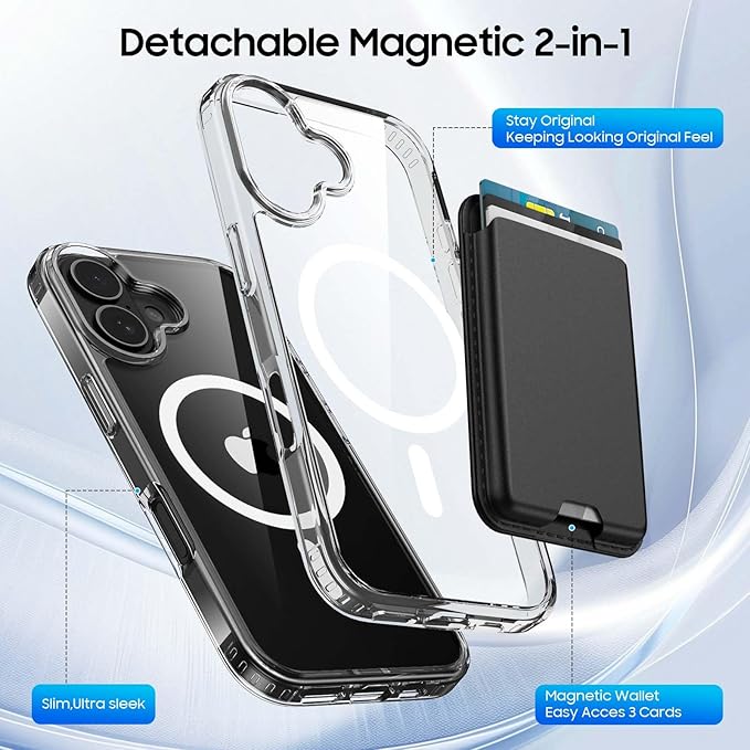 Ntwinro Magnetic for iPhone 17 Clear Case (Compatible with MagSafe) with Black Detachable Wallet & Card Holder for 3 Cards [RFID Blocking] Military Grade Protective Slim Phone Cover