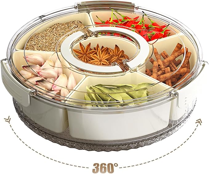 Rotating Divided Serving Tray with Lid and Handle,6 Compartments Snackle Box Container,12" Large Snack Spinner Lazy Susan,Snack Box Organizer Veggie Tray Fruit Platter Charcuterie Container Platterbox