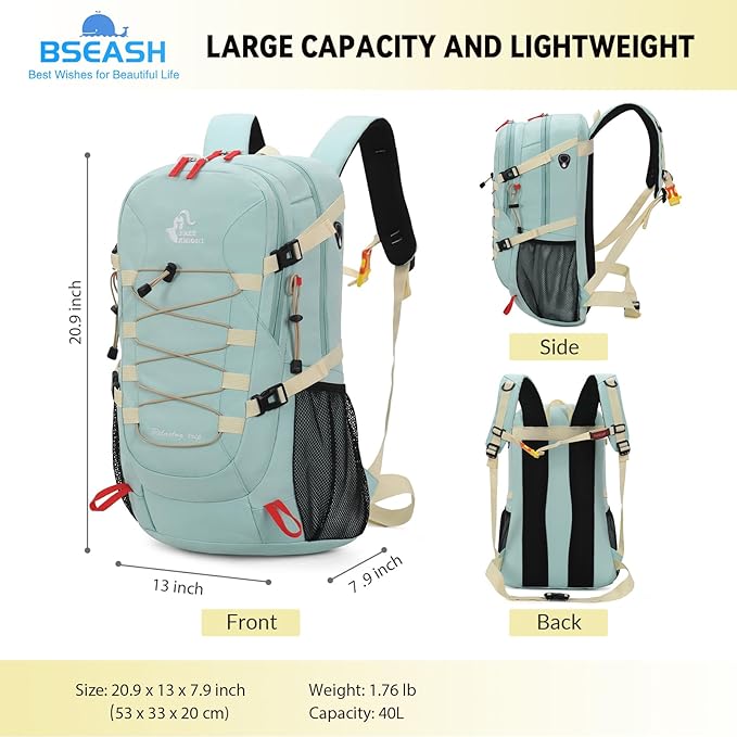 Bseash 40L Waterproof Hiking Camping Backpack with Rain Cover, Outdoor Sport Travel Bag Daypack for Climbing Skiing Cycling (Khaki)