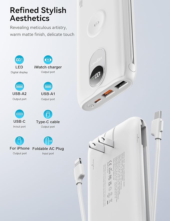 Portable Charger, 10000mAh 22.5W Fast Charging Power Bank with Built in Cable & Wall Plug, Travel Essential Battery Pack with LED Display, External Charger for iPhone, iWatch 11/10/9/8/Ultra/SE White