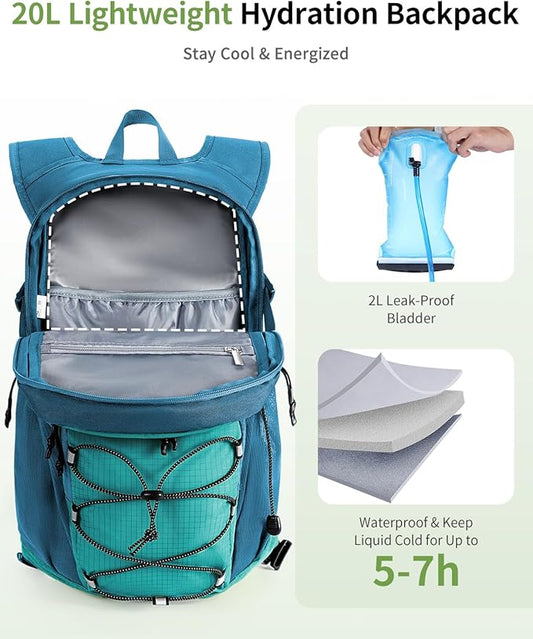ECOHUB Hydration Backpack for Men Women, 20L Lightweight Hiking Daypack Cycling Backpack with 2L Water Bladder, Insulated Hydration Pack with Waist Pack