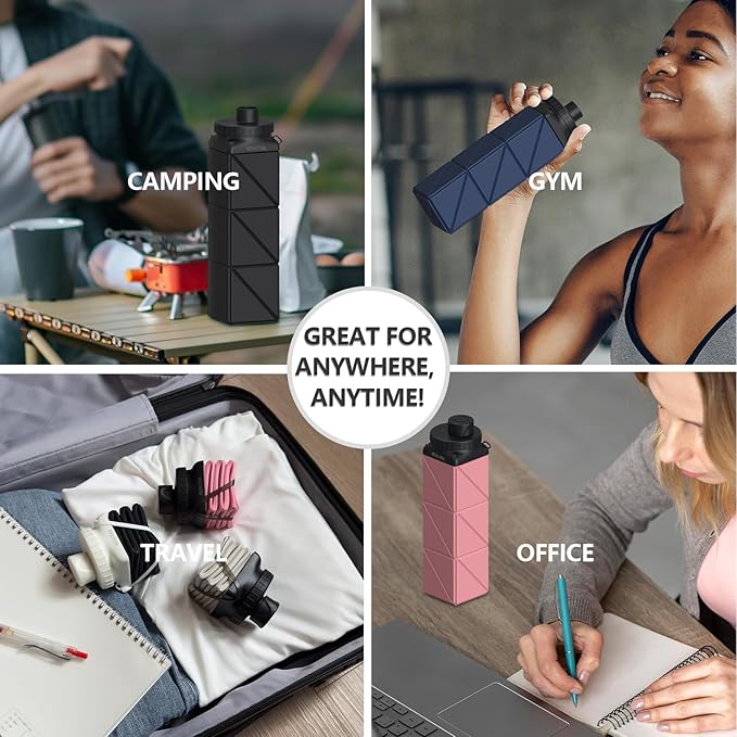 Collapsible Water Bottles, Silicone Foldable Water Bottle 610ml, BPA-Free Portable Reusable Leakproof Bottle for Gym Travel Camping Hiking Sports Outdoor, 1 Pack (Dark Blue)