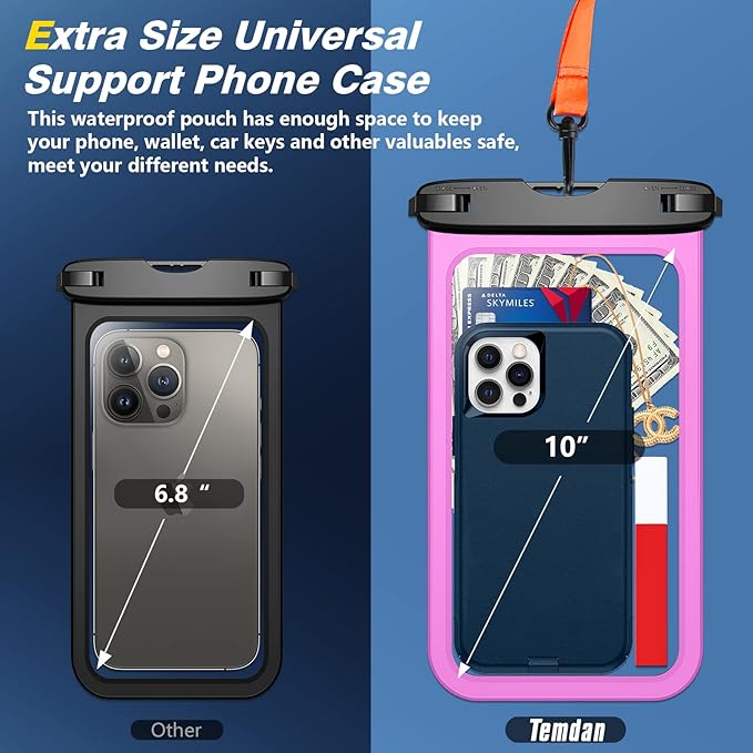 Temdan 2 Pcs Waterproof Phone Pouch, [Up to 10" Large] Universal IPX8 Waterproof Cell Phone Case Dry Bag with Lanyard for iPhone 16 Pro Max/16E/15/14/13,Galaxy S25 Ultra/S24/S23 for Vacation -Pink