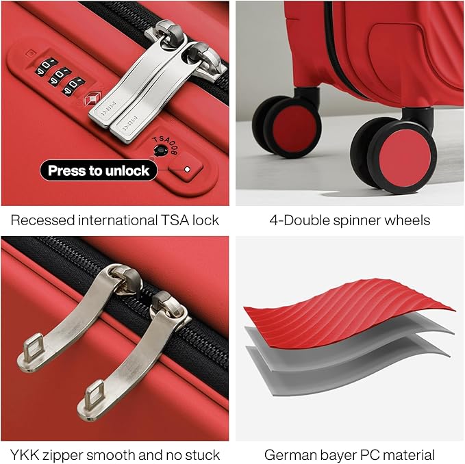 mixi Luggage Suitcases With Spinner Wheels,Upgrade Wide Handle PC Hardshell Rolling Travel Suitcase with TSA Lock, Checked-Medium 24-Inch, Red