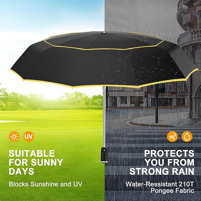 Satol Extra Large Golf Umbrella, 46/54/62 Inch Windproof 10 Ribs Vented Double Canopy Reflective Strips Automatic Open/Close Waterproof UV Protection Portable Compact Umbrella for Outdoor & Travel