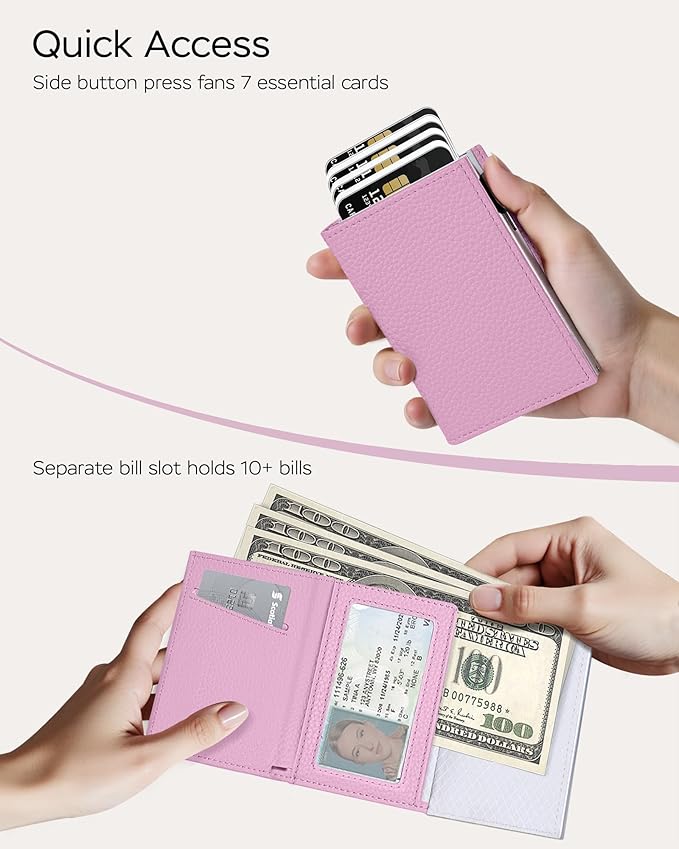 Vast Scenery Women's Small Wallet - Soft Sakura Pink Aesthetic, RFID Blocking Smart Metal Pop Up Card Holder, Ultra Slim Fits Most Bags & Pockets, Holds 11+ Cards 10+ Bills, Gift for Her