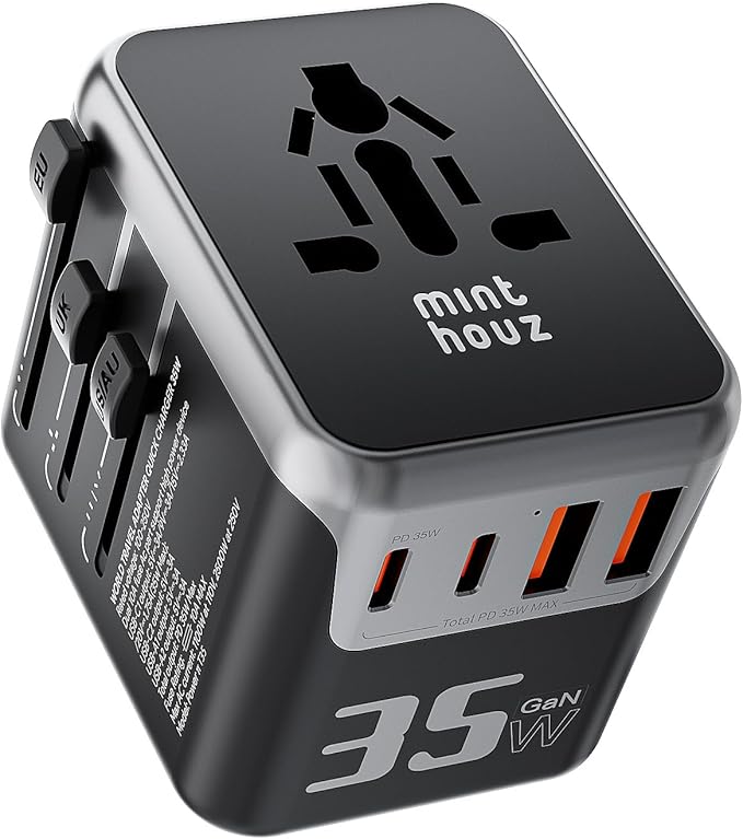 Minthouz Universal Travel Adapter, International 35W Power Adapter GaN PD Fast Charger with 2 USB-C PD & 2 USB-A Ports, All-in-One Portable AC Worldwide Power Converter Plug for USA EU UK AUS and More