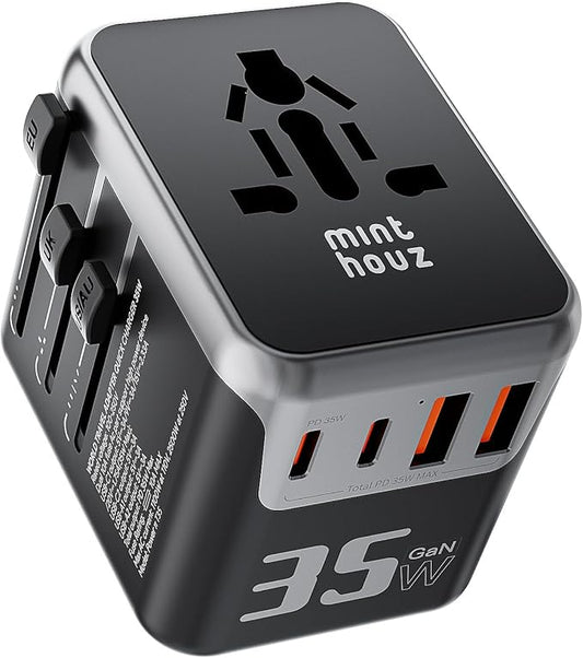 Minthouz Universal Travel Adapter, International 35W Power Adapter GaN PD Fast Charger with 2 USB-C PD & 2 USB-A Ports, All-in-One Portable AC Worldwide Power Converter Plug for USA EU UK AUS and More