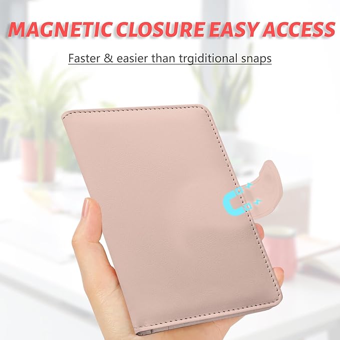 Passport Holder, Travel Wallet Cover with Pen Loop | Cute RFID Blocking Leather Case with Magnetic Closure for Travel Essentials-Pink