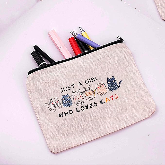 Cat Lovers Makeup Bag Canvas Cosmetic Pouch with Cute Cats Design Just A Girl Who Loves Cats (cat)