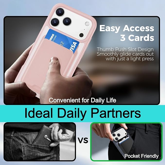 Ntwinro Magnetic for iPhone 17 Pro Max Case (Compatible with MagSafe) with Detachable Wallet & Card Holder for 3 Cards [RFID Blocking] Military Grade Protective Slim Phone Cover, Pink