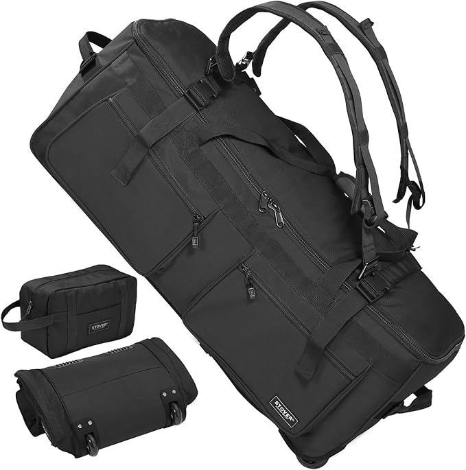 STOVER 100L U-Zip Rolling Duffel Bag with Wheels, X-Large Durable Travel Duffle + Toiletry Bag, Heavy Duty, Lay-Flat Opening, Packable w/Shoulder Straps- Use as Luggage or Backpack, Men/Women (Black)