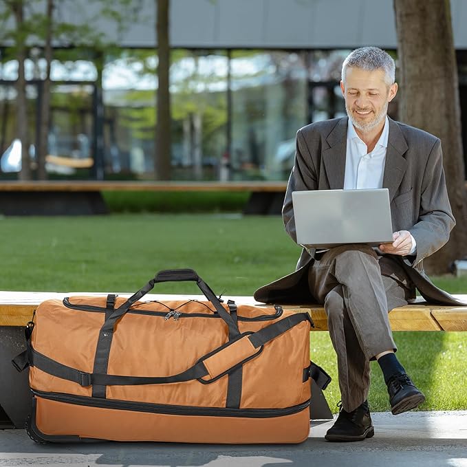 32” 1680D Oxford Foldable Duffle Bag with 2 Wheels,110L to 140L Expandable Soft Sided Rolling Travel Bag,Brown