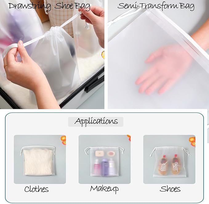 Frosted Clear Plastic Travel Shoe Bag for Men Woman Travel Organizer, 15Pcs Washable Translucent Drawstring Pouch with Rope for Golf GYM Sneaker Clothes Suitcase Home Packing Storage