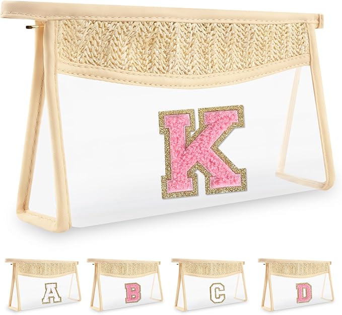 Small Boho Straw Initial Letter Makeup Bag Personalized Gift ,Cute Clear Chenille Patch Makeup Bag With Zipper,Trendy TSA Approved Travel Toiletry Bag,Gift for Women Girls Birthday Friend, Letter K